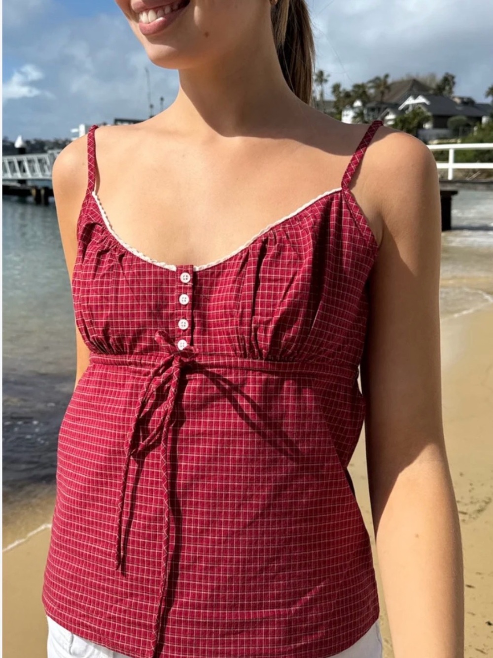 Brandy Melville Red Plaid Button-Front Spaghetti Strap Tank
